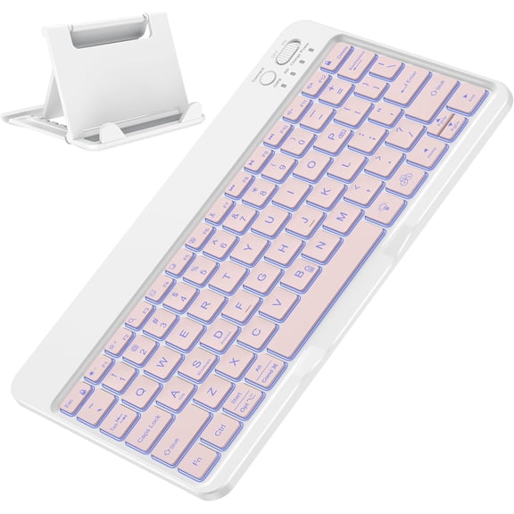 Rechargeable Ultra-Slim Keyboard with Upgrade Oversize Keycaps, Adjustable Stand and Backlit, Wireless Bluetooth Keyboard for Samsung Tablet, iPad, Smartphone, Android, iOS, Windows, Pink