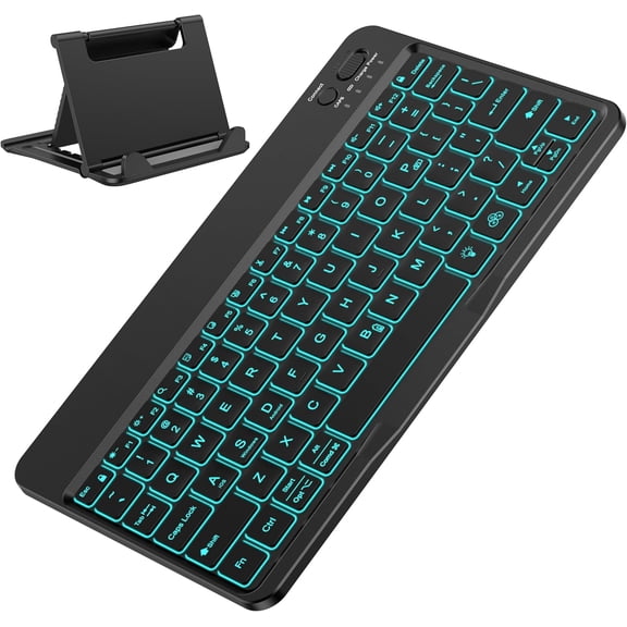 Rechargeable Ultra-Slim Keyboard with Upgrade Oversize Keycaps, Adjustable Stand and Backlit, Wireless Bluetooth Keyboard for Samsung Tablet, iPad, Smartphone, Android, iOS, Windows, Black