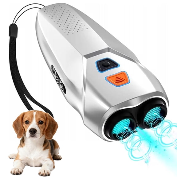 Rechargeable Ultrasonic Anti-Bark Device with Dual Sensor, Training & Deterrent Modes, LED Flashlight, 25ft Range,Silver