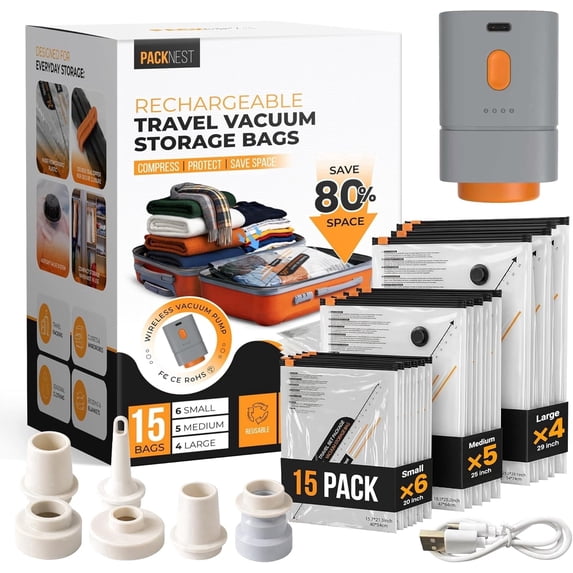 15 Pack Vacuum Storage Bags with Portable Rechargeable Pump, Space Saver, Vacuum Seal Bags for Clothes, Travel, and Luggage