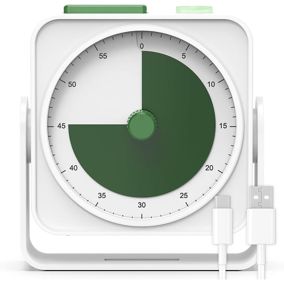 Rechargeable Visual Timer 60-Minute with 3-Level Volume Control (Silent/Low/High) & Flash Alert, Countdown Timer for Kids Adults Classroom Homeschool Kitchen Office, Long-Lasting Battery, Green