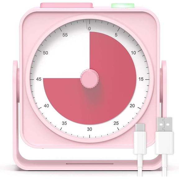 Rechargeable Visual Timer 60-Minute with 3-Level Volume Control (Silent/Low/High) & Flash Alert, Countdown Timer for Kids Adults Classroom Homeschool Kitchen Office, Long-Lasting Battery, Pink