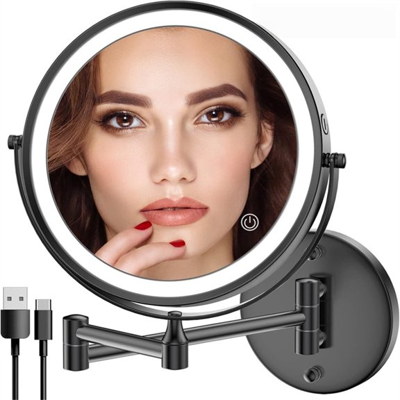 Rechargeable Wall Mounted Illuminated Makeup Vanity Mirror, 1X/10X High Definition Non-Distorting Magnifying Mirror , LED Cosmetic Mirror 3 Color Lights Touch Screen Dimmable 360 Rotation