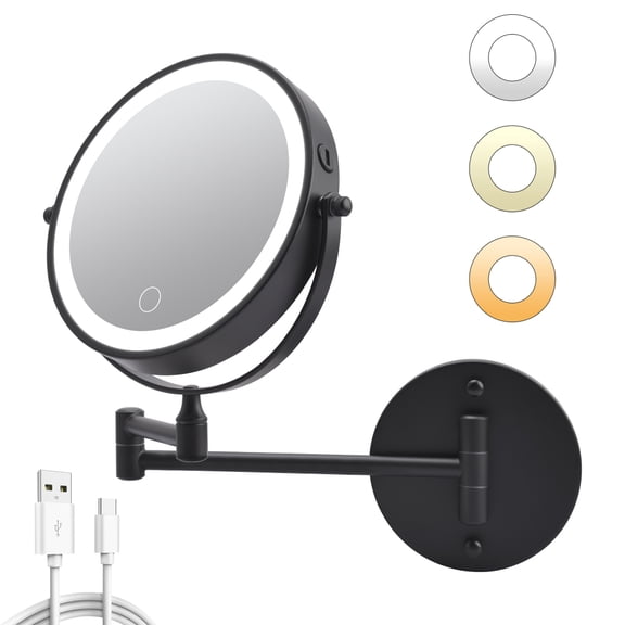 Rechargeable Wall Mounted Lighted Makeup Mirror, 8" Double Sided 1X/10X Magnifying Vanity Mirror for Bathroom with LED Lights, Cordless, 360° Rotation and 12.2" Extendable Arm（Chrome）