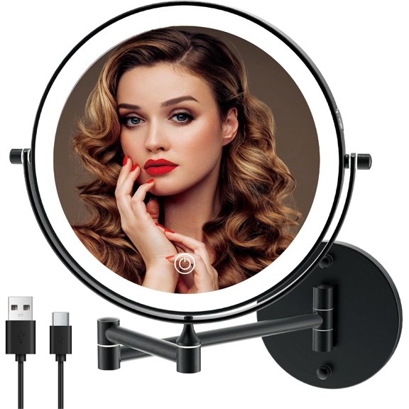 Rechargeable Wall Mounted Lighted Makeup Mirror 8 Inch Double Sided 1X 10X Magnifying Bathroom Mirror, 3 Color Lighting, Screen Dimming, 360 Rotation Shaving Matte Black