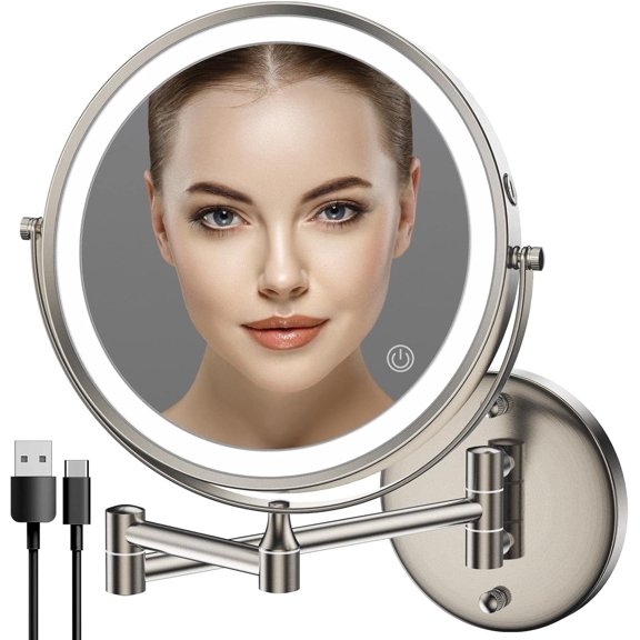 Rechargeable Wall Mounted Lighted Makeup Mirror, 8 Inch Double-Sided LED  Mirror 1X/10X Magnification,3 Color Lights  Screen Dimmable 360?Swivel 13 Inch Extendable