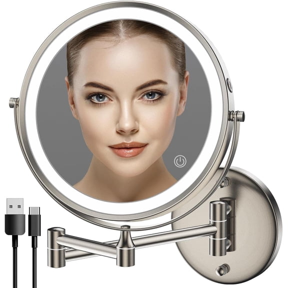 Rechargeable Wall Mounted Lighted Makeup Mirror, 8 Inch Double-Sided LED Vanity Mirror 1X/10X Magnification,3 Color Lights  Screen Dimmable 360?Swivel 13 Inch Extendable