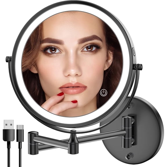 Rechargeable Wall Mounted Lighted Makeup Mirror, 8 Inch Double-Sided LED Vanity Mirror 1X/10X Magnification,3 Color Lights Screen Dimmable 360?Swivel 13 Inch Extendable