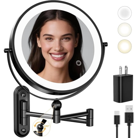Rechargeable Wall Mounted Lighted Makeup Mirror, 8 Inch Double-Sided LED Vanity Mirror 1X/10X Magnification,3 Color Lights Screen Dimmable (Black-30X)