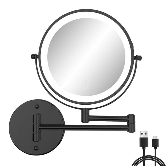 Rechargeable Wall Mounted Lighted Makeup Mirror, 8 Inch Double-Sided LED Vanity Mirror 1X/10X Magnification,3 Color Lights Touch Screen Dimmable 360Swivel 13 Inch Extendable Black