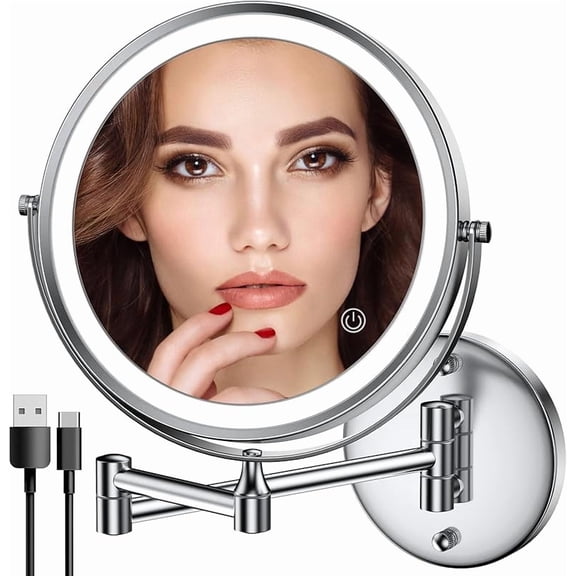 MY Rechargeable Wall Mounted Lighted Makeup Mirror Chrome, 8 Inch Double-Sided LED Vanity Mirror 1X/10X Magnification,3 Color Lights Touch Screen Dimmable 360 ° Swivel 13 Inch Extendable