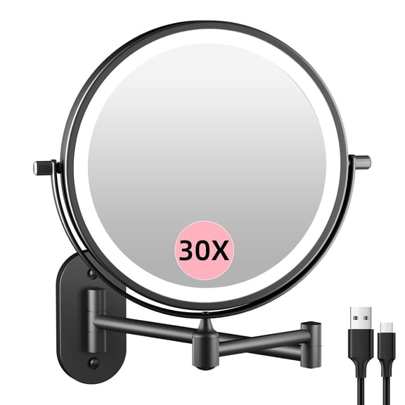 Rechargeable Wall Mounted Lighted Makeup Vanity Mirror 8 Inch Double Sided 1X 30X Magnifying Bathroom Mirror, 3 Color Lighting, Touch Dimming, Extended Arm 360 Rotation Light up Mirror Black