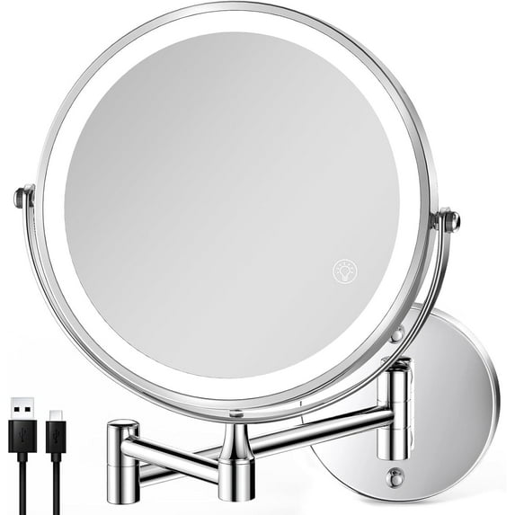 Rechargeable Wall Mounted Makeup Mirror, 8 Inch Double Side LED Vanity Mirror 1X/10X Magnifying Mirror with Light, 3 Color Lights 360°Swivel Extendable Bathroom Mirror with Touch Screen Dimmable
