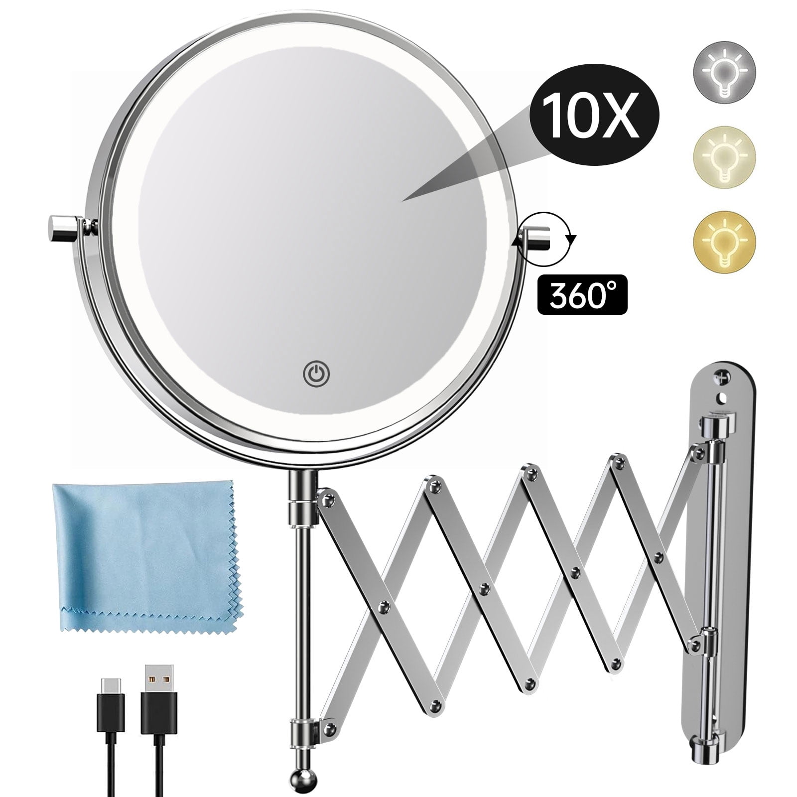 FUNTOUCH Rechargeable Wall Mounted Makeup Mirror - 8" Double Sided 1X/10X Magnifying Mirror with 3 Color Lights Dimmable Touch Screen, 360Swivel 19.6" Retractable Accordion Bathroom Mirror - Chrome