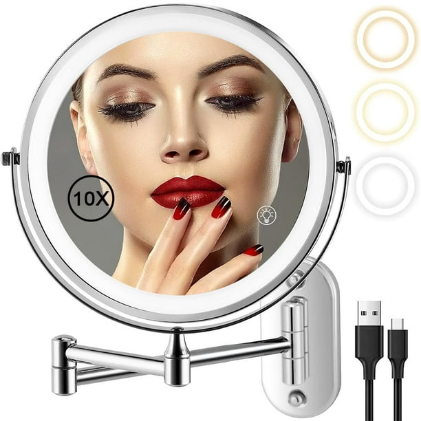 Rechargeable Wall Mounted Makeup Mirror 8 LED Vanity Mirror Double Sided 1X 10X Magnification 3 Color Lights Touch Screen Dimming 360 Swivel