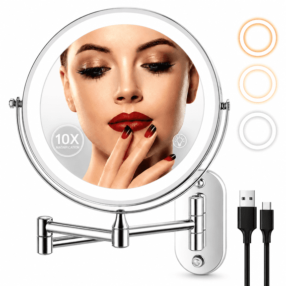 Fixdono Vanity Mirror with Lights, 8" Makeup Magnifying Mirror Double-Sided 1X/10X Magnifying- 3 Color Light, Touch Dimming, 360 Swivel, Extendable, Wall Mounted- Silver
