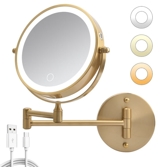 Rechargeable Wall Mounted Makeup Mirror 8'' Magnifying Mirror with Lights Double-Sided 1X/10  360 °   Rotation Extension Bathroom Shaving Mirror with Foldable Arm