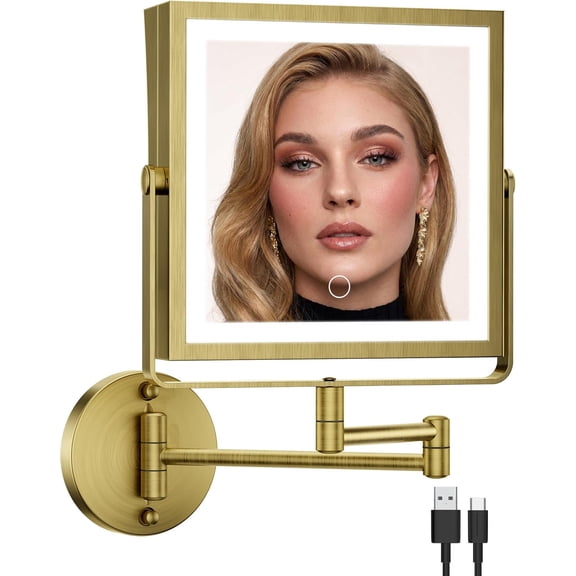 Rechargeable Wall Mounted Makeup Mirror with Lights, 4000mAh Double Sided 1X/10X Magnifying  Mirror with 3 Color Lights,  Dimmable, 360? Extension Foldable Arm (Antique Brass)