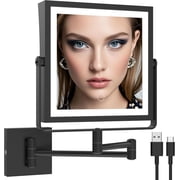 Rechargeable Wall Mounted Makeup Mirror with Lights, Double Sided 1X/10X Magnifying Vanity Mirror with 3 Color Lighting, Touch Screen Dimmable, 360  Rotation Extension Foldable ArmMatte Black
