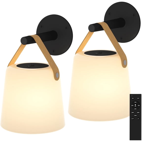 Rechargeable Wall Sconce - Plastic Frosted Lampshade - 3 Color Temp & 5 Brightness - Remote Control - 5000 mAh Battery Operated - Cordless Wall Lamp for Camper, RV - Set of 2 (Black)