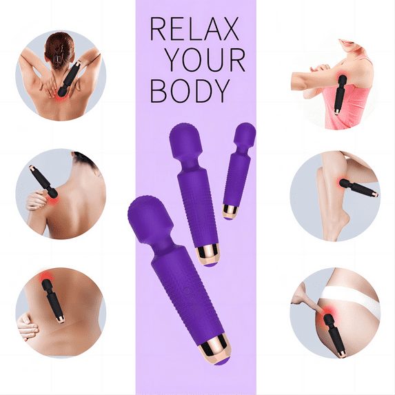 Rechargeable Wand Massager Personal Massager with 20 Vibration Modes 5 Speeds Waterproof Body Massager-Purple