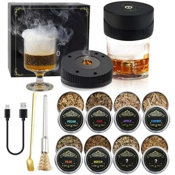Rechargeable Whiskey Smoker Kit with 8 Wood Chip, Electric Whiskey Smoker Kit Built-in Lighter, Old Fashioned Smoker Kit, Bourbon Whiskey Gifts for Men,Dad,Husband,Boyfriend (No Butane Needed)