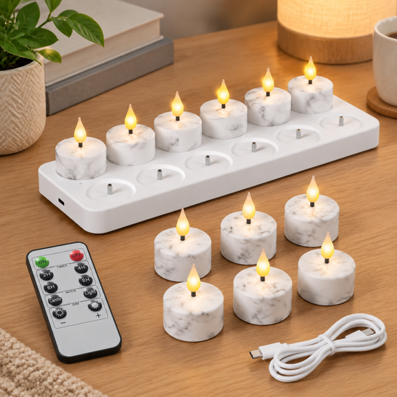 Rechargeable White Marble Pattern 12-Pack LED Tea Lights with Remote and Charging Station