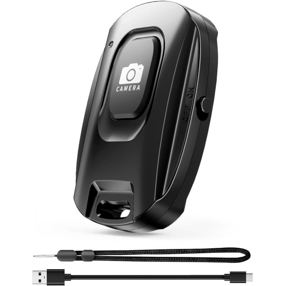 Rechargeable Wireless Camera Remote Shutter for iPhone and Android Smartphones, Bluetooth Phone Remote Control,Selfie Button for Photos and Videos Charging Cable and Wrist Strap Included-Black