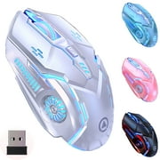 Rechargeable Wireless Gaming Mouse,2.4G LED Optical Silent Wireless Computer Mouse with 7 LED Light,4 Adjustable DPI 1200/1600/2400/3200,Ergonomic Design Wireless Mouse for LaptopSilver
