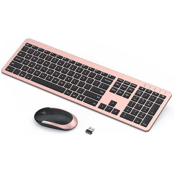 Rechargeable Wireless Keyboard Mouse Combo Full Size Cordless Keyboard & Mouse Sets with Build-in Lithium Battery Ultra Thin Quiet Keyboard Mice (Rose Gold & Black)