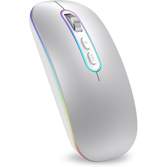 Rechargeable Wireless Mouse, 2.4G & BT Dual Mode Slim Mouse for MacBook PC Laptop Computer, Silent Click, 1600 DPI RGB Light, Long Battery Life, Type-C, Travel Office