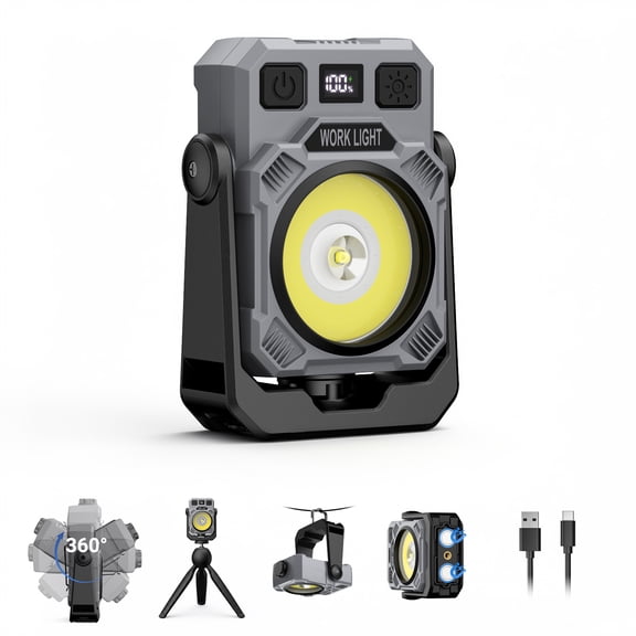 Rechargeable Work Light, 2000LM LED Work Light, COB & LED Dual Lighting Sources, Stepless Dimmable Magnetic Portable Flashlights for Car Repair, Camping, Emergency,