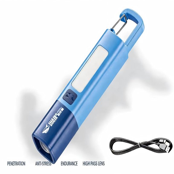 Rechargeable XPE Flashlight, Super Bright Handheld Torch with COB Side Light, 5 Modes, Waterproof, Portable with Carabiner, USB Charging, for Camping, Hiking, Emergency, Home Use-Smiling Shark