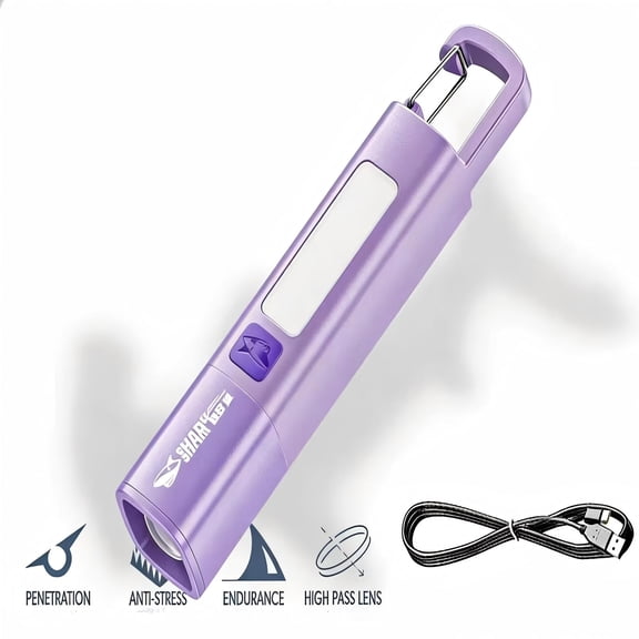 Rechargeable XPE Flashlight, Super Bright Handheld Torch with COB Side Light, 5 Modes, Waterproof, Portable with Carabiner, USB Charging, for Camping, Hiking, Emergency, Home Use-Smiling Shark