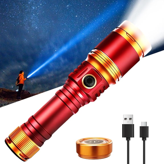 Rechargeable Zoomable High Lumen Tactical Flashlight with Fire Starter and Ignition Lens, 5000LM Super Bright Waterproof Survival Light for Camping Emergency and Home Use