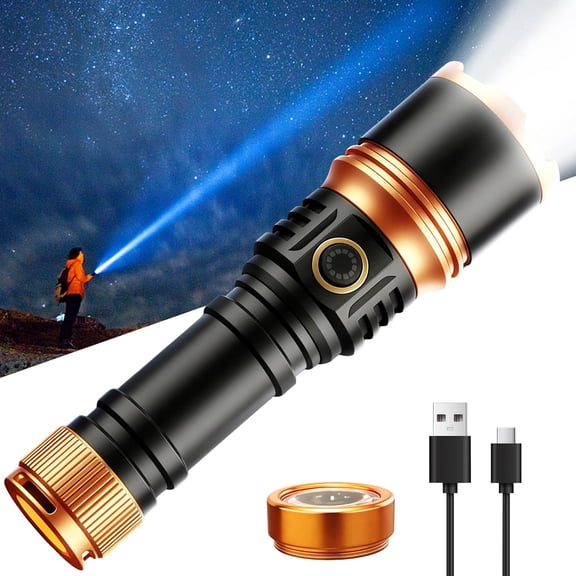 Rechargeable Zoomable High Lumen Tactical Flashlight with Fire Starter and Ignition Lens, 5000LM Super Bright Waterproof Survival Light for Camping Emergency and Home Use