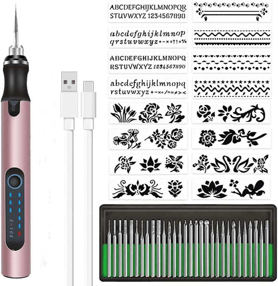 Rechargeable cordless Electric Micro Engraver Pen Mini DIY Engraving Tool Kit for Metal Glass Ceramic Plastic Wood Jewelry with 30 Bits and 16 Stencils and 1 Scriber Pen（x）