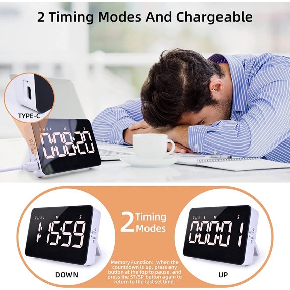 Rechargeable digital kitchen cooking timer, magnetic timer with countdown/countup, kids timer with 5 inch LED display, 3 brightness levels, 4 volume levels adjustable, for classroom/office/home/work/