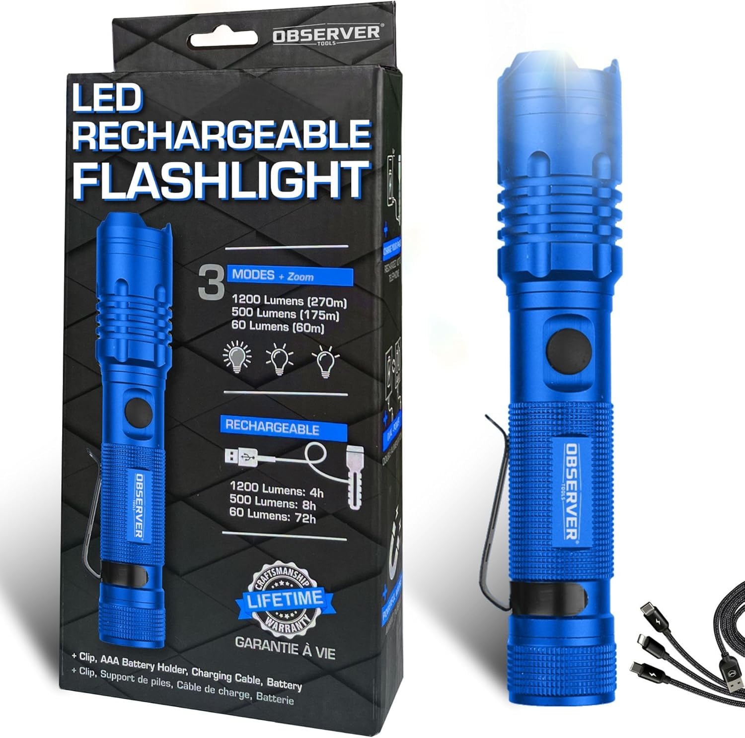 Red Tactical Flashlight Rechargeable - 1800K Warm Light For