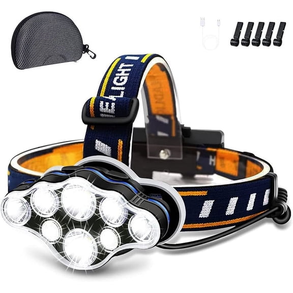 Rechargeable headlamp, 8 LED headlamp flashlight 18000 lumen 8 modes with white red lights USB cable, waterproof head lamp for outdoor camping cycling running fishing