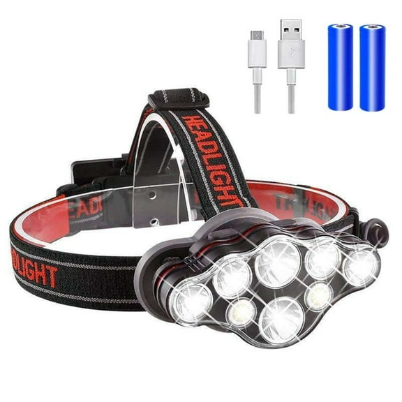 Rechargeable headlight, 8 LED 18000 high lumen red headlight, IPX4 waterproof USB headlight, headlight, 8 modes, suitable for outdoor running, hunting, hiking, camping equipment