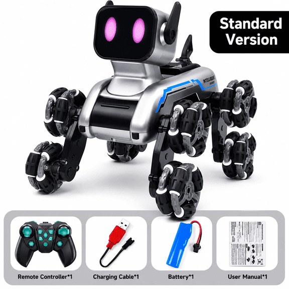 Rechargeable interactive remote-controlled stunt robot dog, suitable for extended indoor and outdoor play.