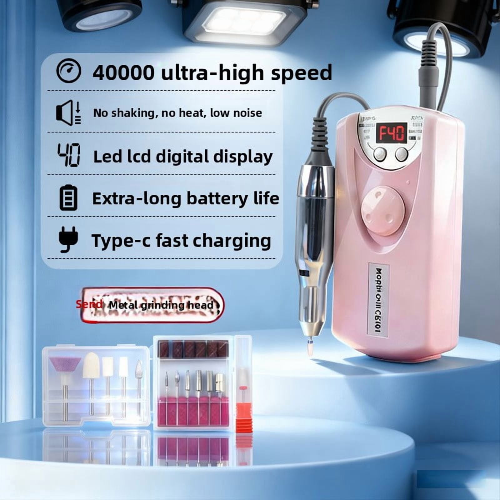Rechargeable nail drill - An electric nail file with a frequency of 30,000 revolutions per minute, a portable tool for polishing artificial nails/glue-on nails, compatible with USB-C charging, suitab