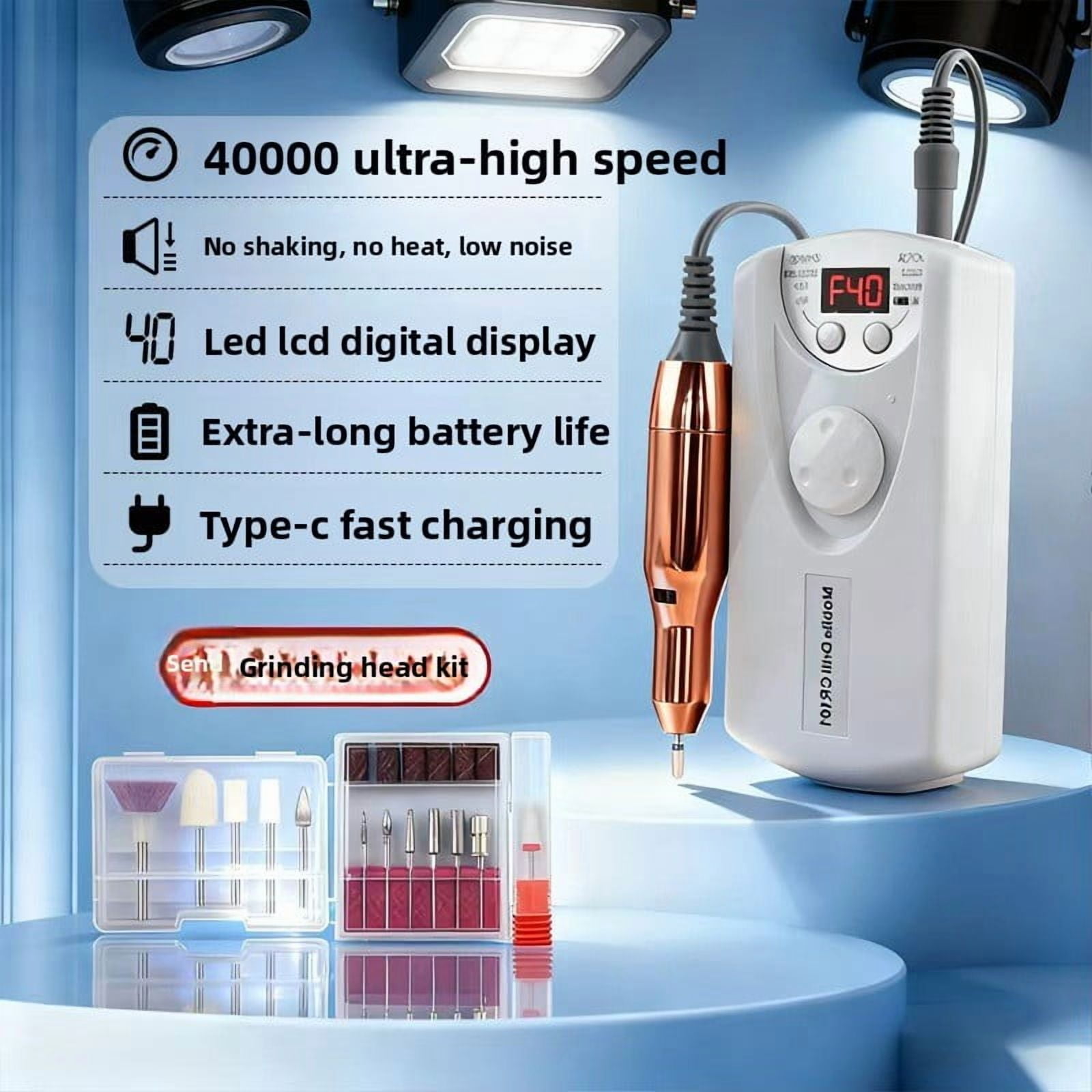 Rechargeable nail drill - An electric nail file with a frequency of 30,000 revolutions per minute, a portable tool for polishing artificial nails/glue-on nails, compatible with USB-C charging, suitab
