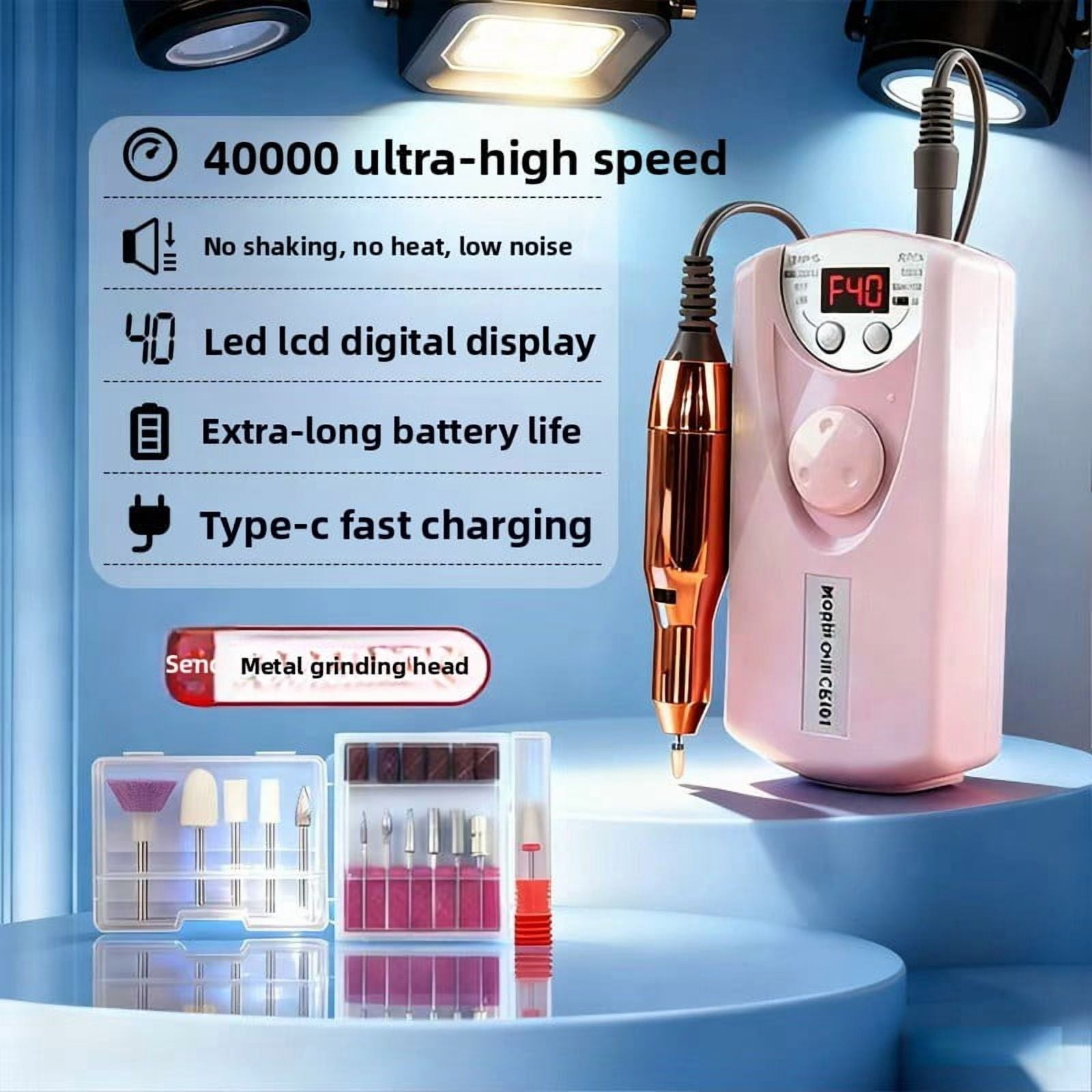 Rechargeable nail drill - An electric nail file with a frequency of 30,000 revolutions per minute, a portable tool for polishing artificial nails/glue-on nails, compatible with USB-C charging, suitab