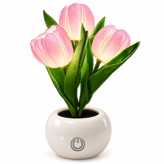 Rechargeable LED Tulip Table Lamp, Dimmable Artificial Flower Night Light with One-Touch Control, Pink