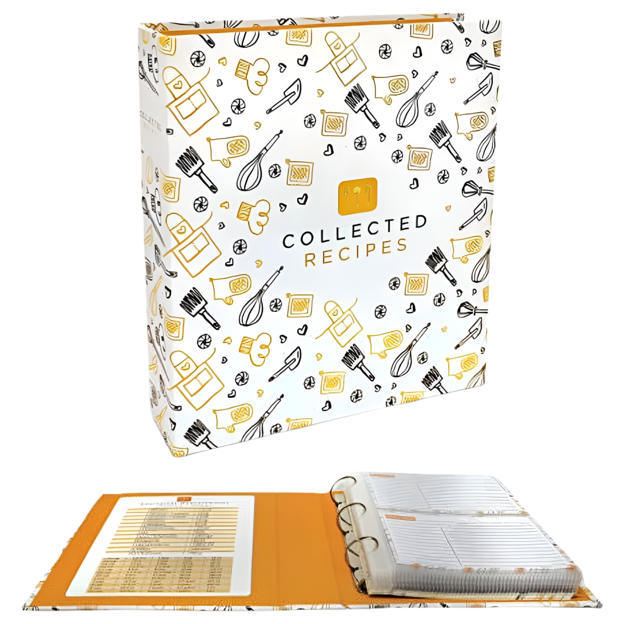 Recipe Binder, 8.5" x 9.5" 3 Ring Binder Organizer Set (with 50 Page Protectors, 100 4" x 6" Recipe Cards & 12 Category Divider Tabs) by Better Kitchen Products, Black & Gold Montage Design
