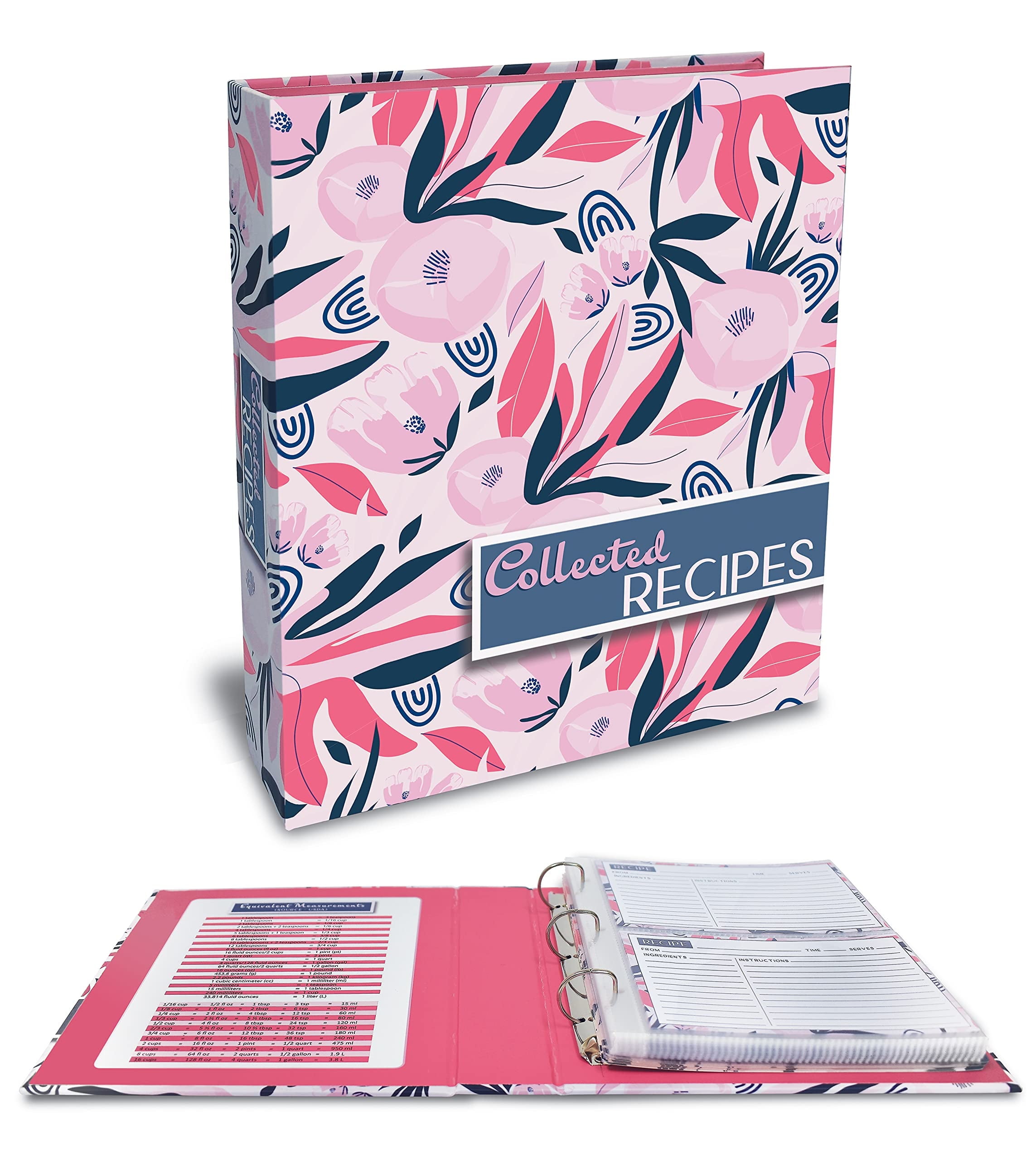 Recipe Binder, 8.5" x 9.5" 3 Ring Binder Organizer Set (with 50 Page Protectors, 100 4" x 6" Recipe Cards & 12 Category Divider Tabs) by Better Kitchen Products, Floral Design