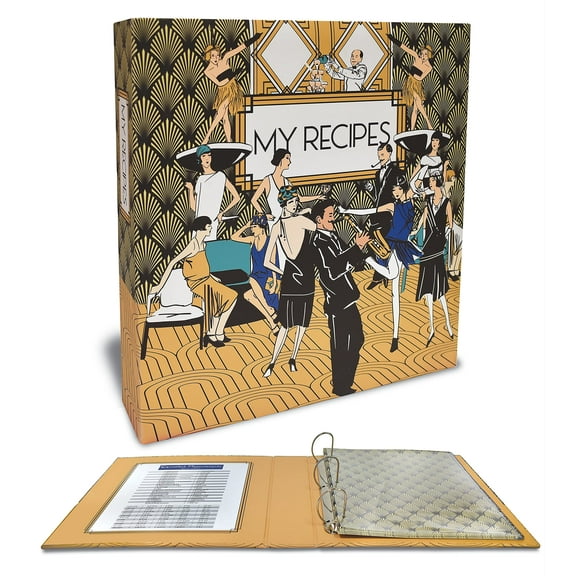 Recipe Binder, Full Page 3 Ring Standard Binder Organizer Set (with 50 Page Protectors & 12 Category Divider Tabs) by Better Kitchen Products, 11.5" x 12", Art Deco Roaring 20's Design