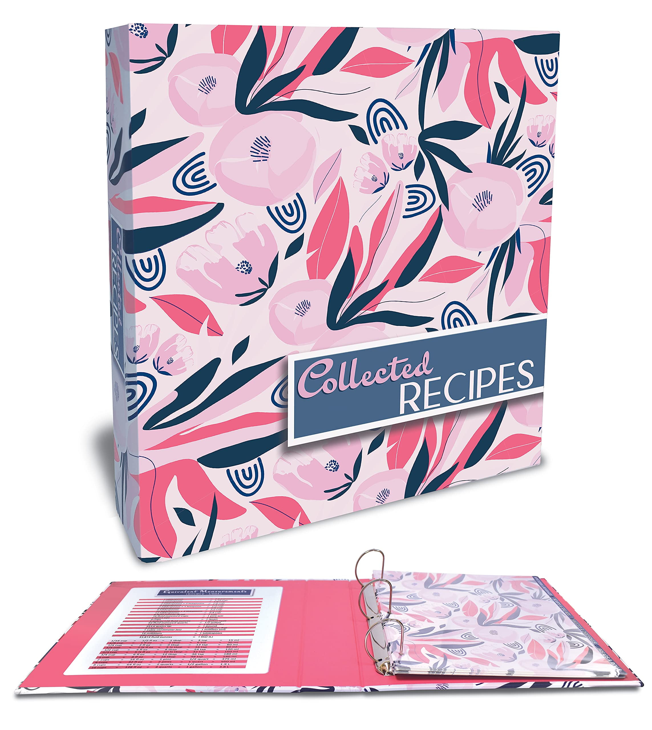 Recipe Binder, Full Page 3 Ring Standard Binder Organizer Set (with 50 Page Protectors & 12 Category Divider Tabs) by Better Kitchen Products, 11.5" x 12" Floral Design